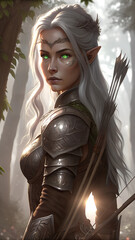 Fototapeta premium Powerful Warrior Elf with Horns and Glowing Eyes in an Enchanted Forest, Wearing Golden Armor and Surrounded by Fire Sparks, Depicting a Fierce and Mystical Fantasy Scene