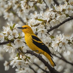 A golden oriole sitting on a white blossom tree with petals falling gently.