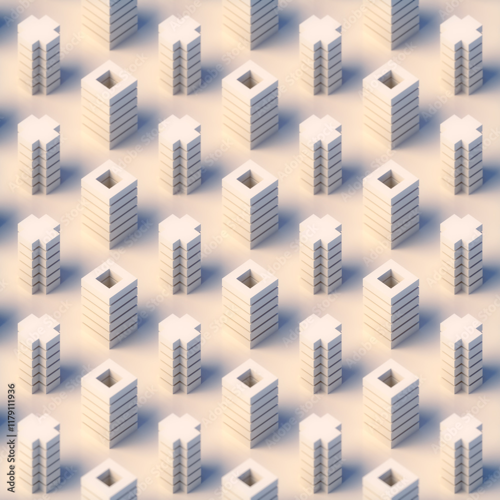 Poster Optical illusion of ordered vertical geometric shapes alternating between crosses and hollow squares. The composition is made in a minimalist style. 3d rendering digital illustration