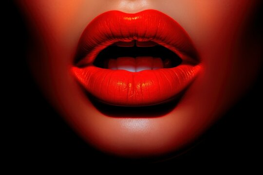 Close up of seductive female lips painted with glossy red lipstick, slightly open mouth expressing surprise