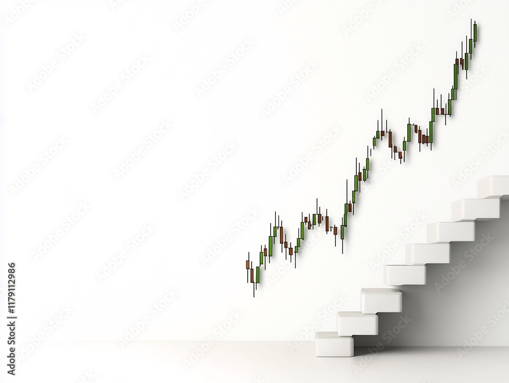 Poster crisp white background showcasing an ascending financial chart demonstrating a positive economic tre