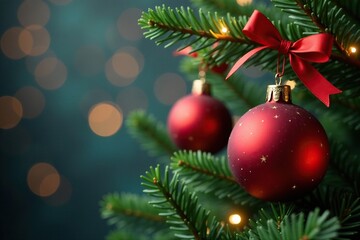 Red Christmas balls are hanging from a fir tree branch with twinkling lights and festive ribbons, garland, festive ribbons