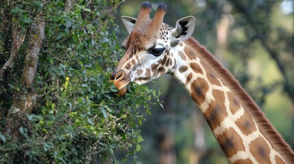 Obraz premium Giraffe eating leaves from a bush in its natural habitat.