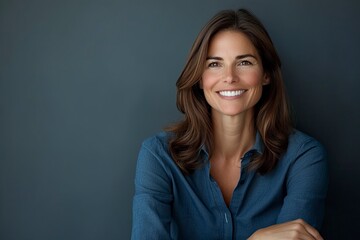 Fototapeta premium Smiling brunette businesswoman sitting against gray background. Confident female professional is wearing blue shirt. She is having brown hair. Copy space.