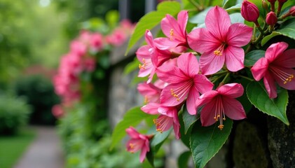 Honeysuckle flowers cascading down a stone wall, flowers trail, serotina, botanical garden