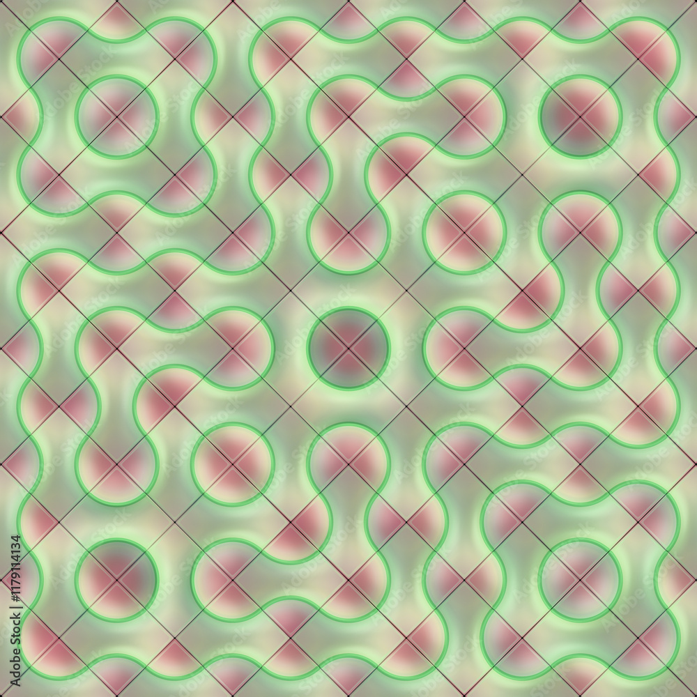 Poster Digital illustration of a symmetrical, repeating pattern composed of tiles that create a three-dimensional effect of wavy lines and circles. Contemporary design with optical art elements. 3d rendering
