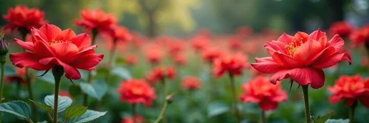 Fototapeta premium Flores rojas en un vivero cerca de una fuente, floraci?n, rosas