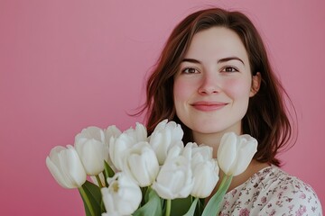 Fototapeta premium Smiling young european lady hug bouquet of white tulips to chest, looks at empty space, enjoy spring holiday, isolated on pink background, studio. Gift to women day, congratulation, anniversary, date 