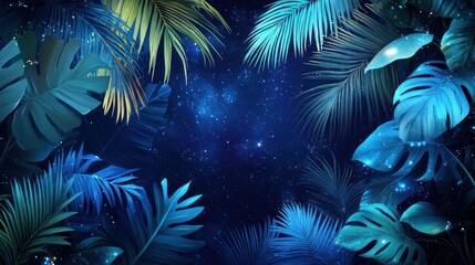 Fototapeta premium Tropical leaves frame a dark blue starry night sky background.