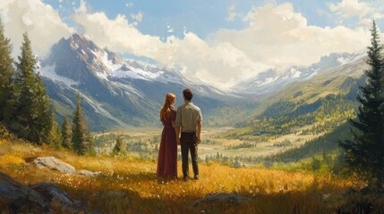 Naklejka premium Couple admires scenic mountain valley view.