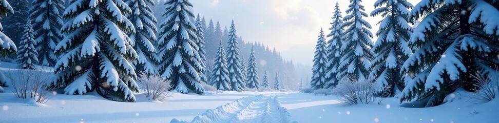 Fototapeta premium Snowy forest with towering trees and falling snow, frosty atmosphere, winter landscape