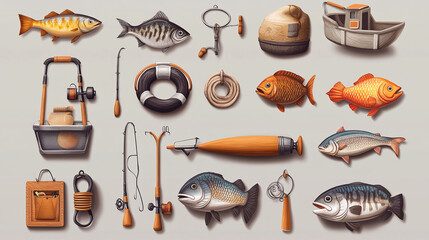 Fishing store and sport monochrome icons with isolated vector fish and fisherman tackle. Fishing boat, rod, hook and bait, tuna, salmon, mackerel and anchovy, eel, sardine and bream badges design