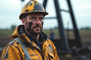 Obraz premium Close-up of a male oil worker in a yellow helmet and jacket near an oil pump, oil industry concept