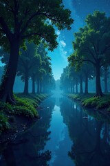 Fototapeta premium Riverbank lined with tall trees and vines under starry sky at night, trees, vine, reflection