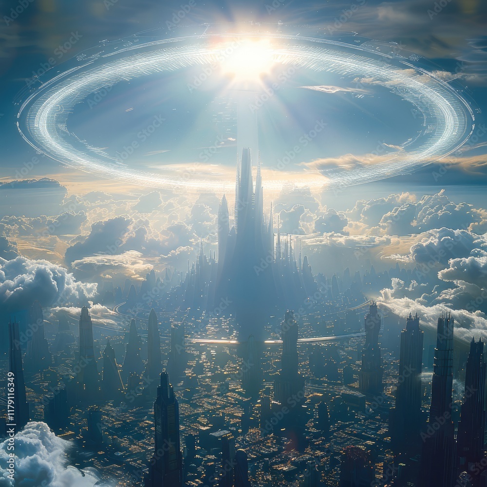 Poster the megalopolis is very large with towering skyscrapers spanning the entire horizon. in the sky is a