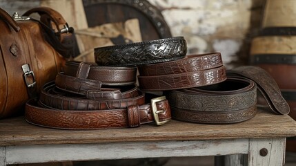 A collection of men's belts in earth tones placed on a rustic wooden bench