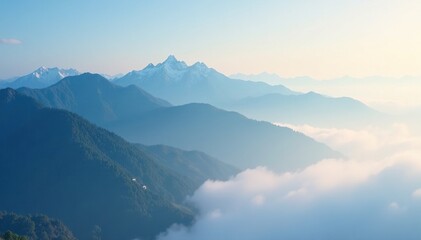 Obraz premium Dense fog envelops a mountain range, obscuring the distant peaks, dense fog, veiled landscape,