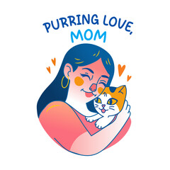 A flat sticker of a woman hugging a cat show her pet love 

