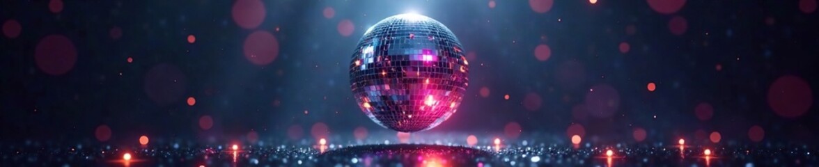 Obraz premium Sparkling disco ball suspended in mid-air, illuminated by bright lights, against a dark and mysterious backdrop, sparkle, glamour