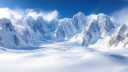 Majestic snow-covered mountains under a clear blue sky, showcasing natural beauty.