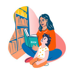 Mom and kid doing book reading, flat sticker

