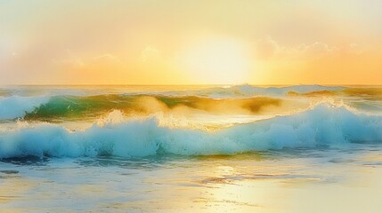 Obraz premium Vibrant sunrise over ocean waves crashing on sandy beach.
