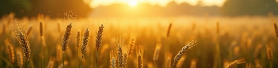 Softly glowing wheat stalks bend towards golden sun rays, landscape, dewy grass, fog