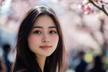 Fototapeta premium Generative AI portrait of a young Asian person enjoying spring serene moment in a blooming Japanese park