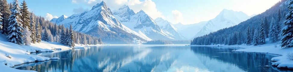 Frozen lake and snow-covered mountains in the distance, frozen landscape, coniferous forest
