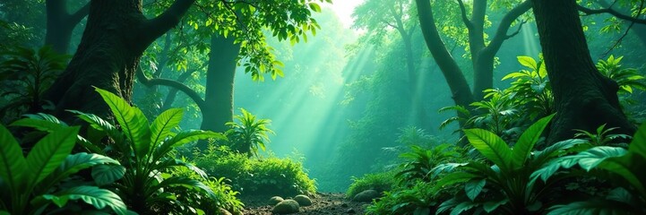 Lush tropical forest with exotic plants and trees in shades of emerald green, lush, gradient