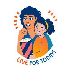 A flat sticker of mother and child eating popcorn together 

