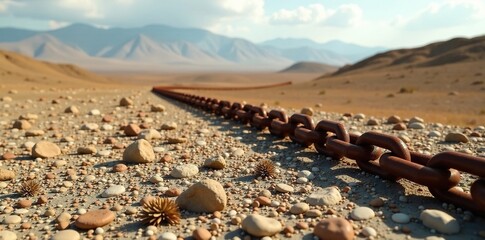 Skein of rusty chain strewn across a barren landscape, scattered, strewn, landscape