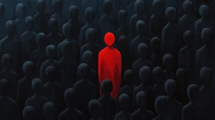 Obraz premium Distinctive Red Figure Amidst Dark Silhouettes of a Crowded Scene