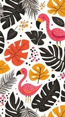 Fototapeta premium Vibrant Tropical Flamingo Pattern Exotic Birds Palm Leaves and Floral Elements Illustration