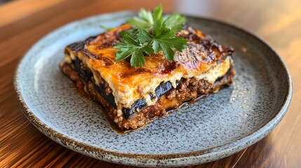 Delicious slice of traditional Greek moussaka served on a rustic plate in a cozy restaurant setting