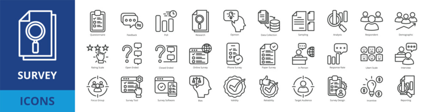 Survey icon pack collection set for business and statistics