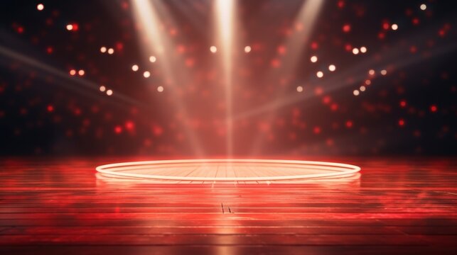 Blurred Concert Stage with Red Lighting and Bokeh Effects Creating a Vibrant Atmosphere for Performances and Events