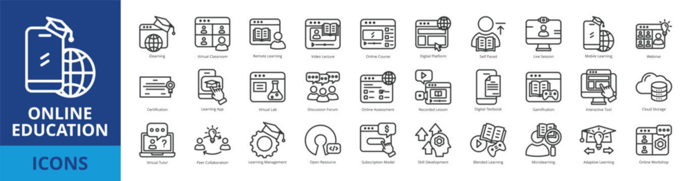 Online education icon pack collection set for learning and knowledge