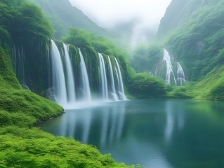 Fototapeta premium Serene waterfall cascading into a misty mountain lake.