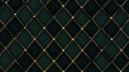 Fototapeta premium Dark green diamond pattern background with gold lines and dots.