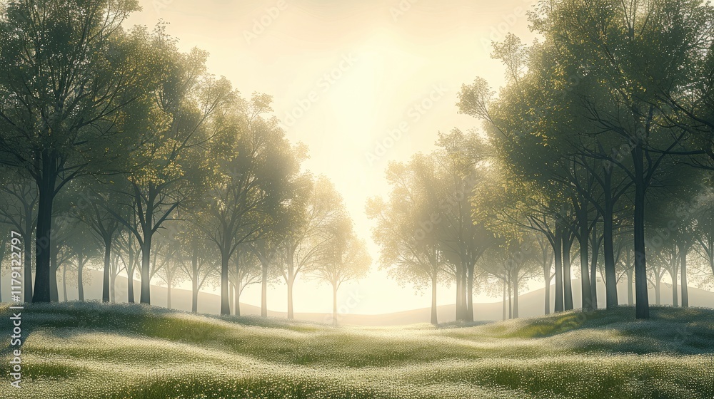 Poster A serene and minimalistic forest landscape featuring evenly spaced trees under soft, diffused sunlight, creating a tranquil atmosphere and a clean horizon line.
