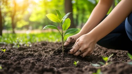 Close-up of a young adult planting a small tree in a vibrant, green environment during daylight hours