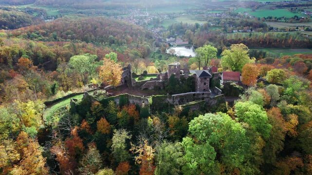 Aerial view ruins of old castle. Ruin of Hohnstein Castle, Harz mountains, Germany.