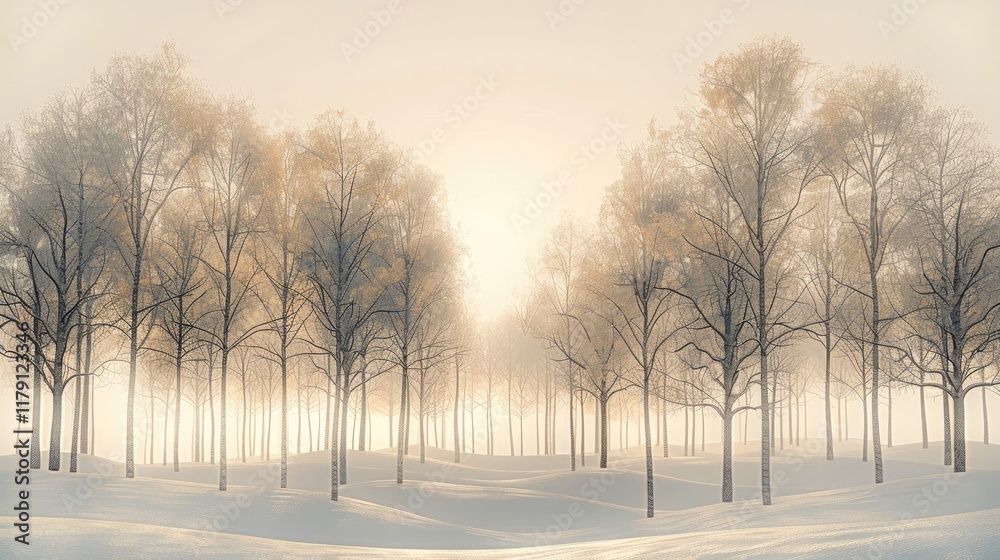 Poster A serene and minimalistic forest landscape featuring evenly spaced trees under soft, diffused sunlight, creating a tranquil atmosphere and a clean horizon line.
