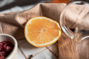 sliced ​​lemon, spices, tea set, fruit