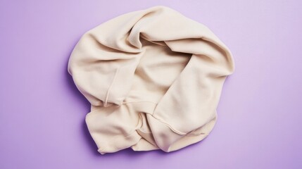 A folded hoodie in neutral tones displayed on a soft purple background