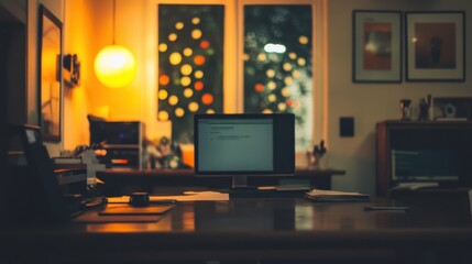 Cozy and Warm Office Space with Computer and Ambient Lighting