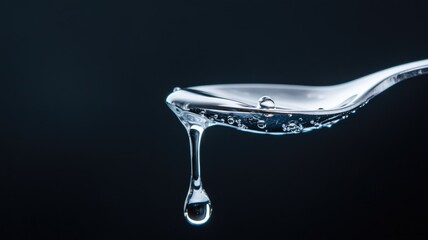 Water dripping from spoon, dark background, close-up shot