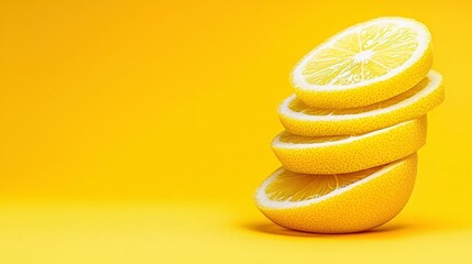 A photostock of fresh lemon slices arranged neatly on a bright yellow background, exuding freshness and vitality. High Quality