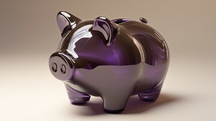 A glossy purple piggy bank with coin slot detail on a neutral beige background